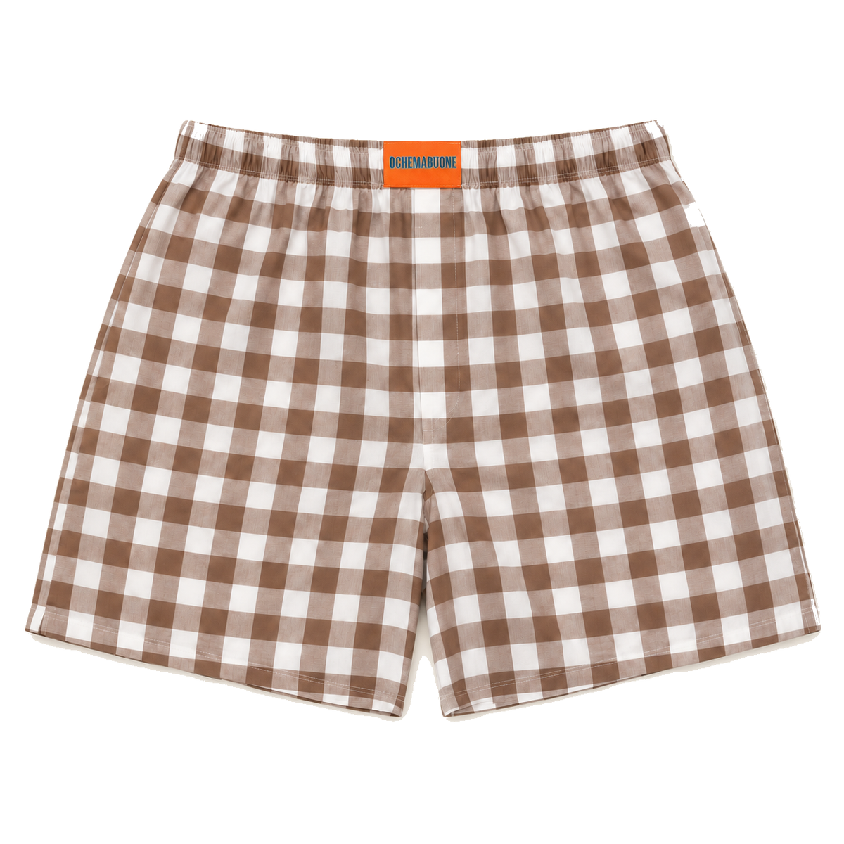 Boxer a quadretto marrone e bianco su sfondo bianco