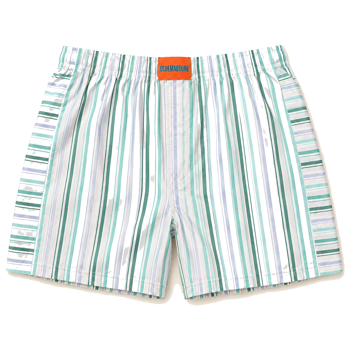 Boxer a righe verde acqua, verde e lilla su sfondo bianco