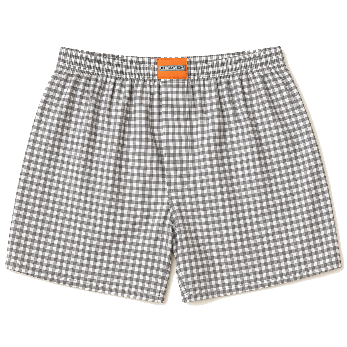 Boxer a quadretto grigio e bianco su sfondo bianco