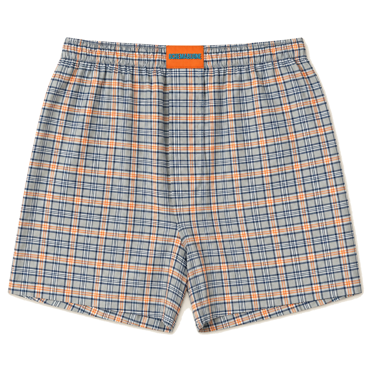 Boxer tartan grigio, blu e arancio su sfondo bianco