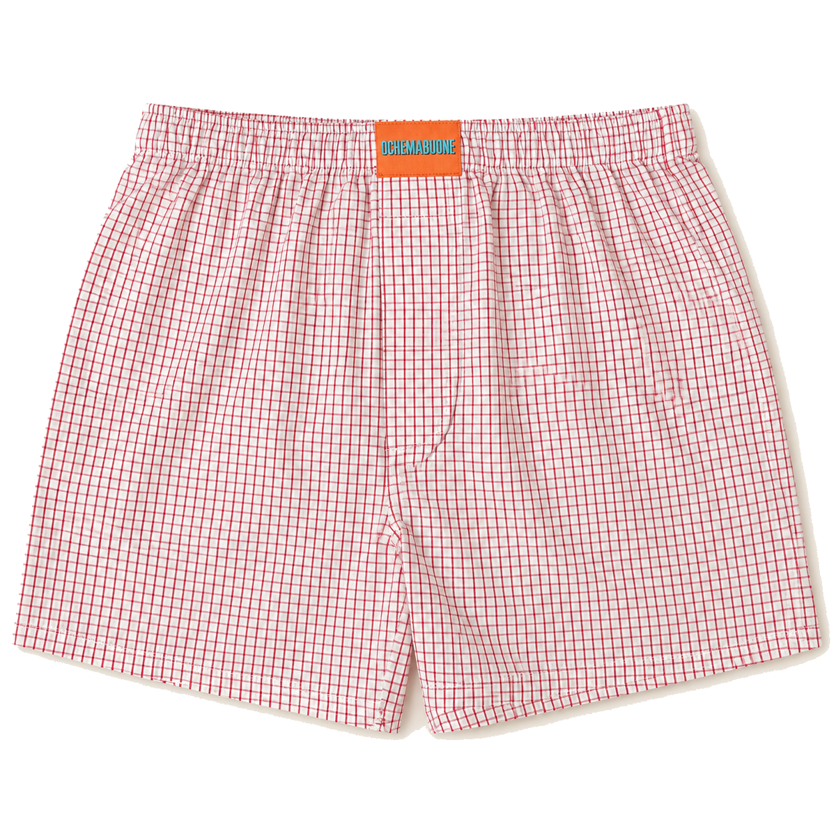 Boxer bianco con griglia rossa su sfondo bianco