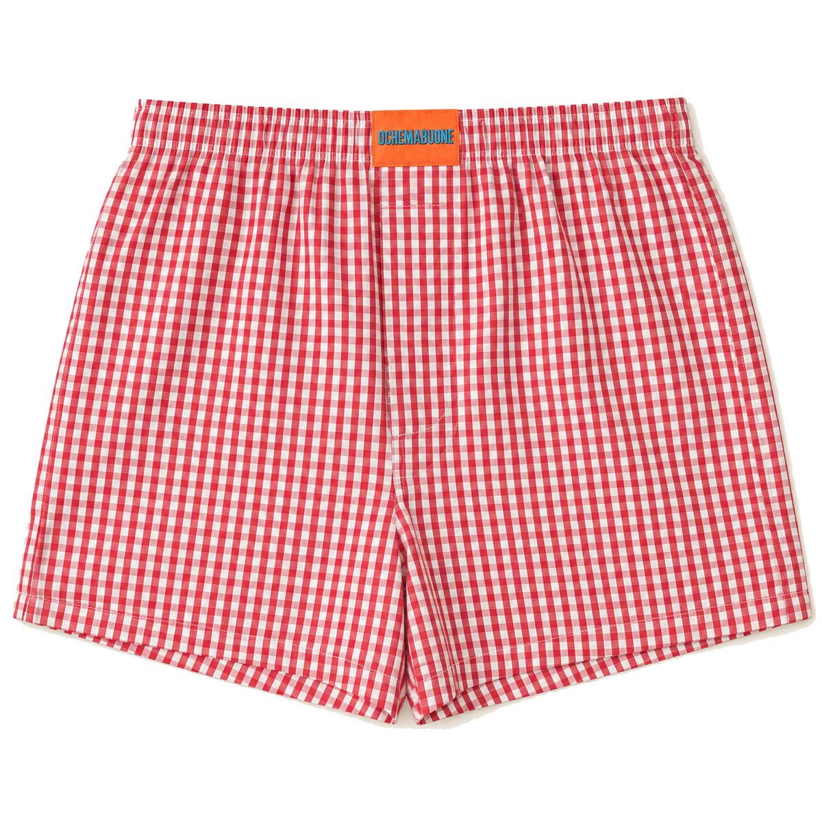 Boxer a quadretto rosso e bianco su sfondo bianco