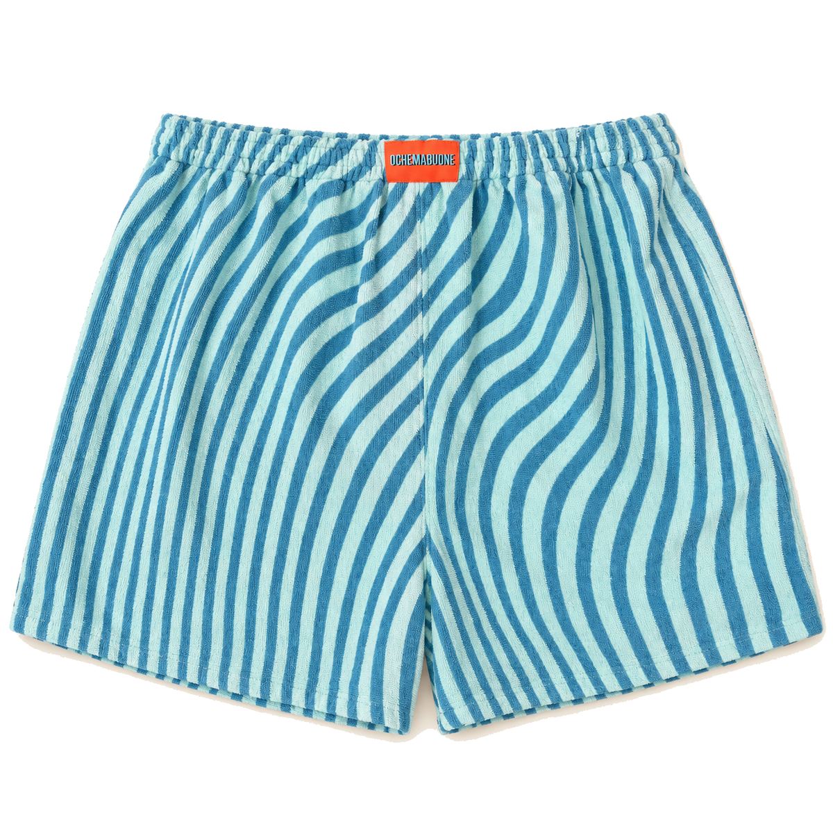 Boxer in spugna rigata azzurra e verde acqua su sfondo bianco