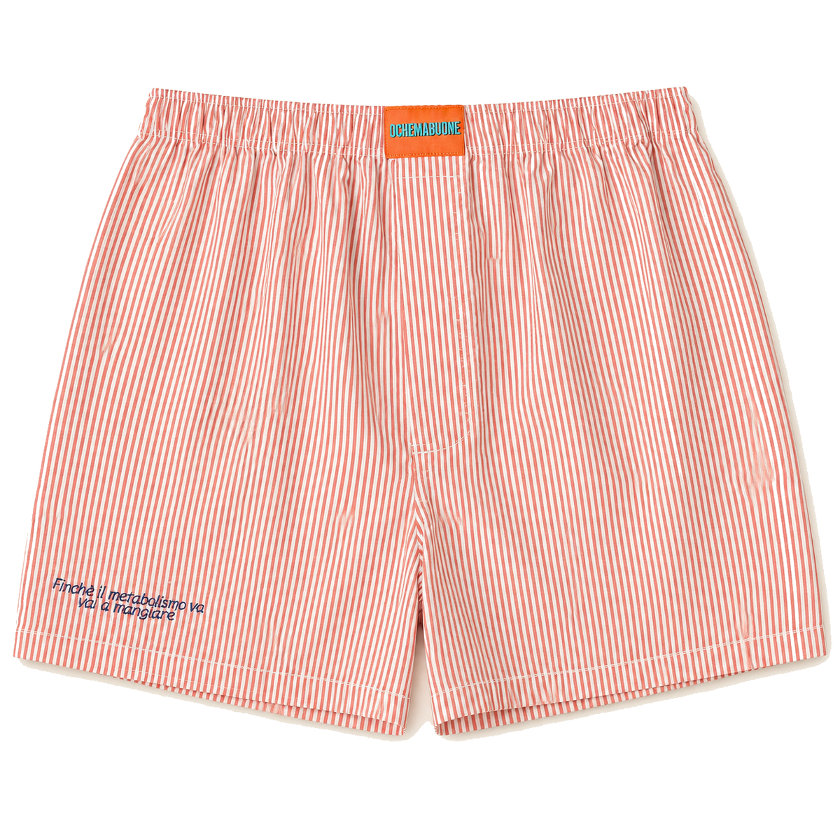 Boxer a righe salmone e bianche con ricamo su sfondo bianco