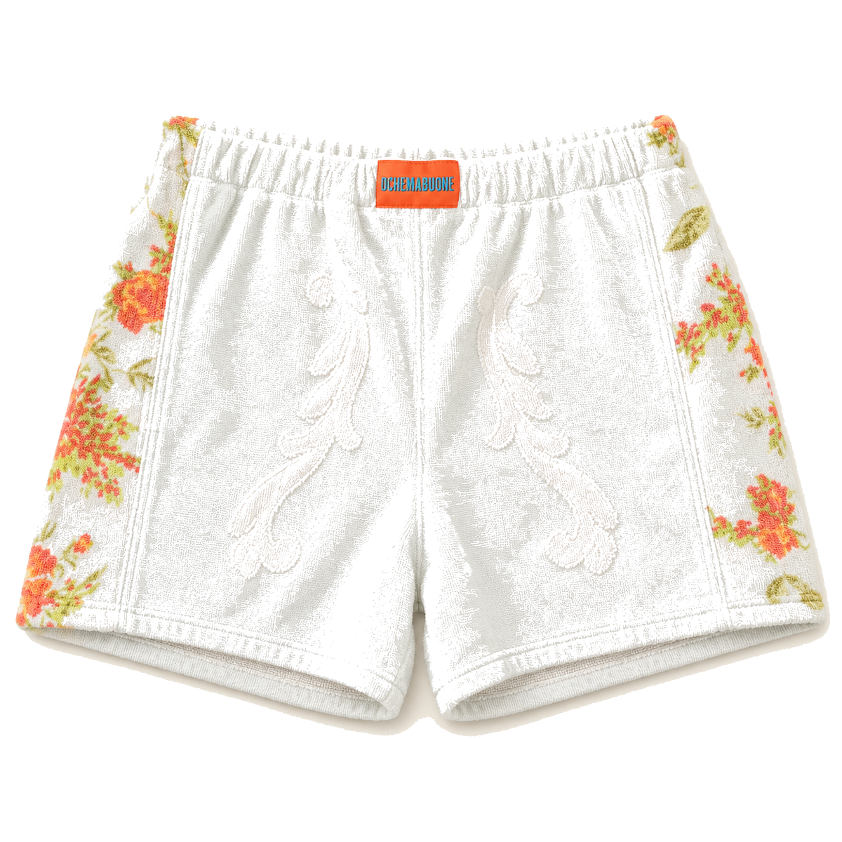 Boxer in spugna bianca con bordi floreali su sfondo bianco