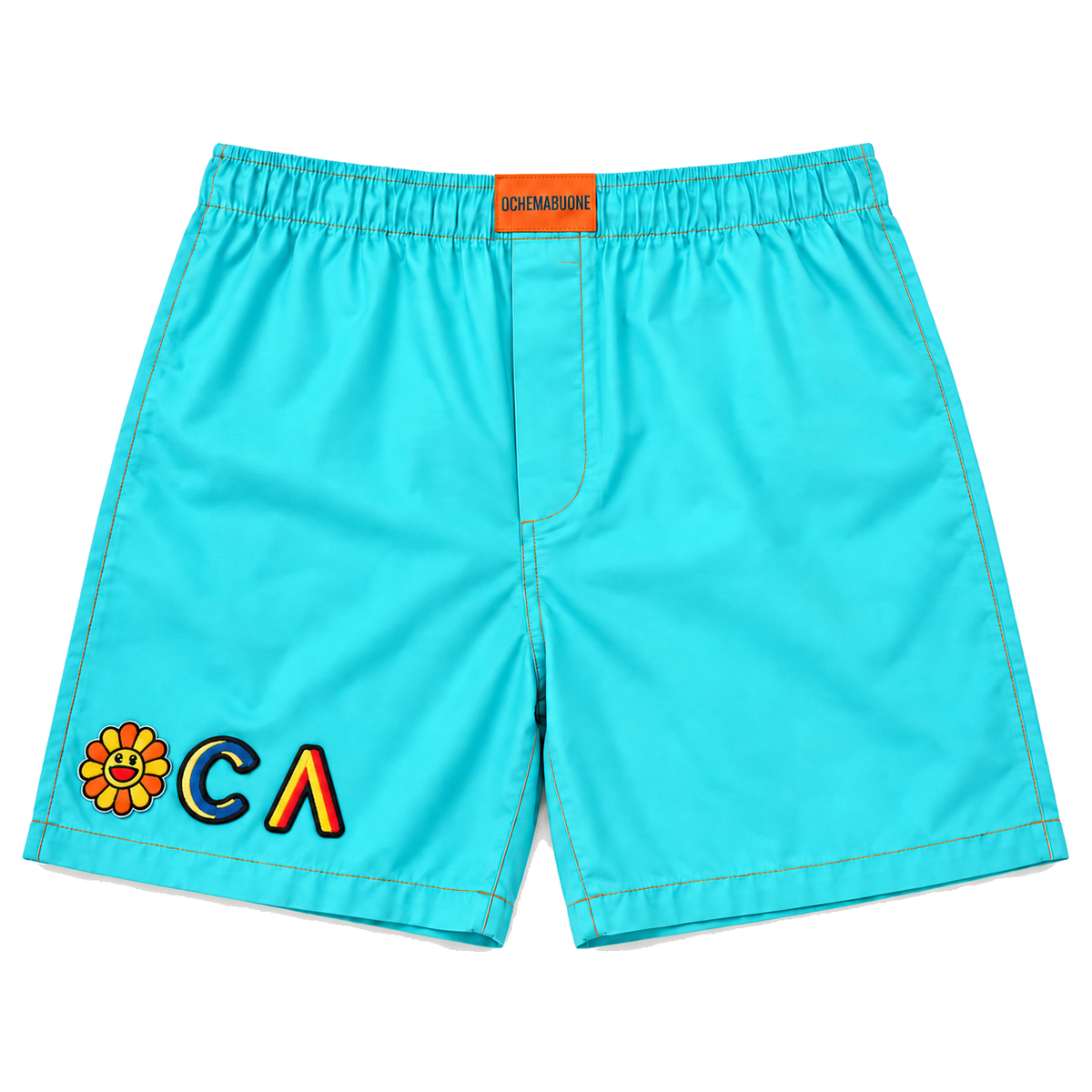 Boxer turchese con applicazioni su sfondo bianco