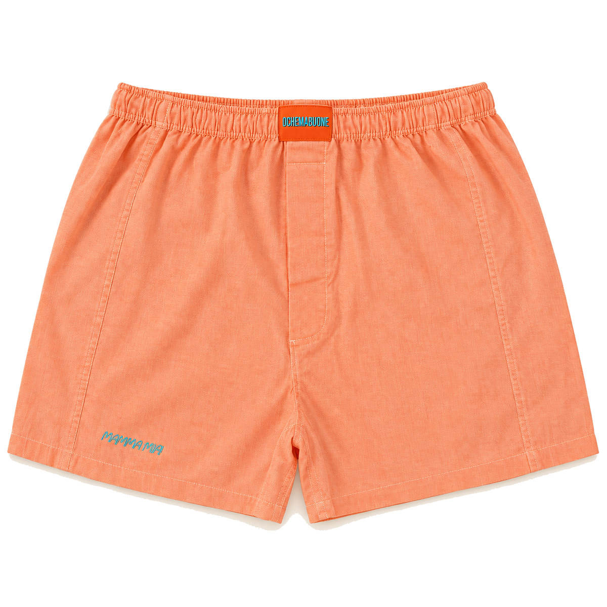 Boxer arancio con ricamo MAMMAMIA su sfondo bianco
