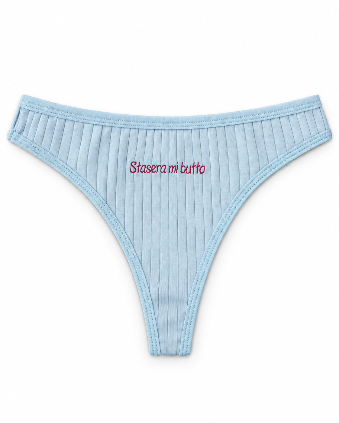 Stasera mi butto — azzurro, mutanda a costine su sfondo bianco