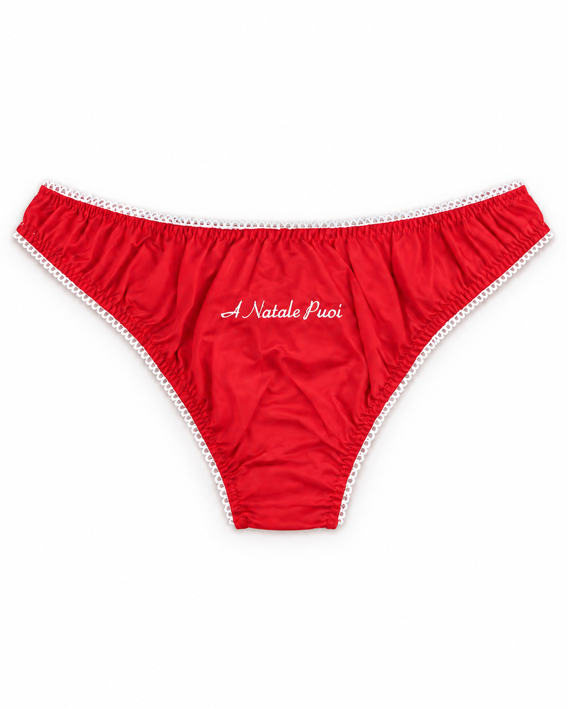 A Natale puoi — rosso, mutanda in seta su sfondo bianco